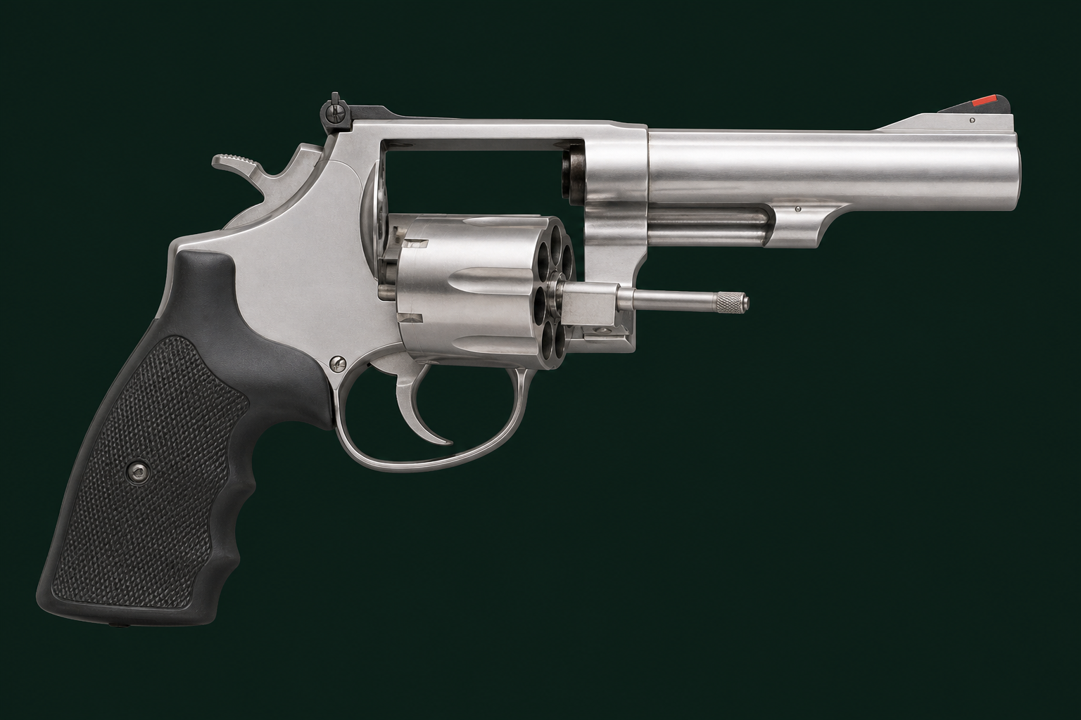 Unloaded S&W 686-style revolver shown in side profile for parts identification