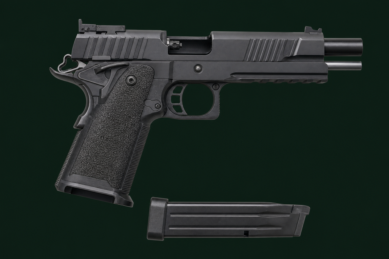 Unloaded 2011-style semi-automatic pistol shown in side profile for parts identification